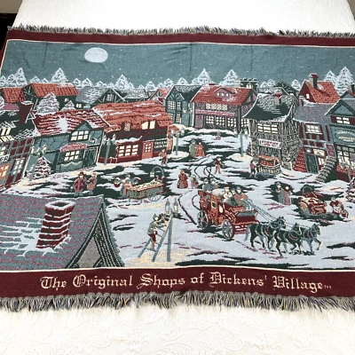 VTG Christmas Throw Blanket Dickens Village Holiday Shops Dept 56 Tapestry 64x43 - Image 1 of 4