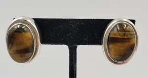 Vintage Mexico 925 Sterling Silver Large Oval Tiger's Eye Post Earrings Signed - Picture 1 of 22