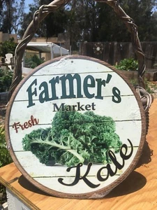 Farmers Market Fresh Kale Round Sign Tin Vintage Garage Bar Decor Old Rustic - Picture 1 of 1