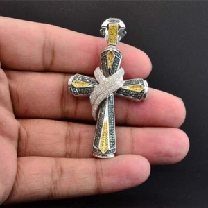 1.25 Ctw Blue & Yellow Diamond 14K White Gold Plated Cross Men's Pendant 2.5" - Picture 1 of 11
