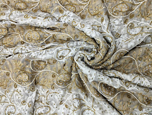 Best Quality White And Golden Lace Fabric With High Quality Stone Beaded Lace