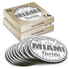 8 x Boxed Round Coasters - BW - Miami Florida USA Travel Stamp #40146