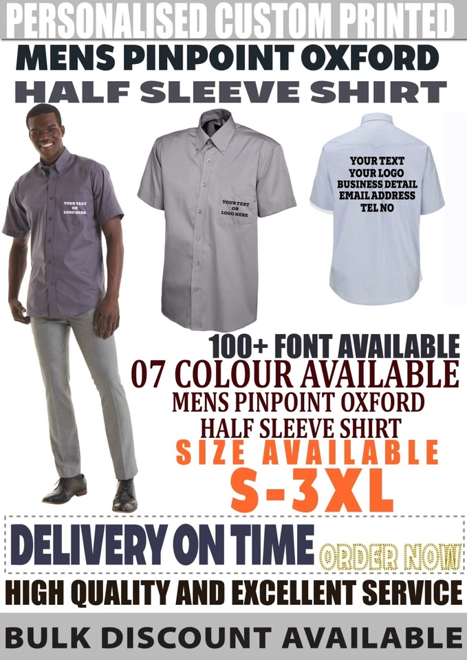 Personalizzato Stampato Pinpoint Oxford Mezza Manica Camicia Business Formale - Immagine 1 di 4