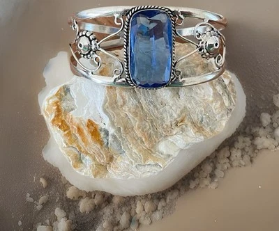 Blue Topaz Crystal Adjustable bracelet/cuff -Sterling Silver plated 925-New - Image 1 of 4