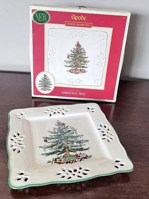 Vintage Spode England Christmas Tree Pattern 7 1/2” Pierced Square Tray with Box - Image 1 of 4
