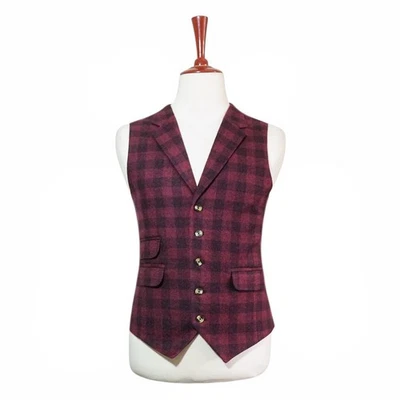 Chaleco de Lana 46R Para Hombres Borgoña Negro Cuadros Chaleco Formal Boda Fiesta Foto 1 de 4