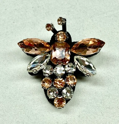 Glass Stone Bee Brooch Clear Peach Stones Black Felt Back 1.75" - Image 1 of 4