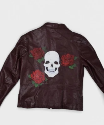 Chaqueta de cuero vintage para mujer M rojo calavera rosas pintada a mano motociclista cuello cremallera Foto 1 de 4