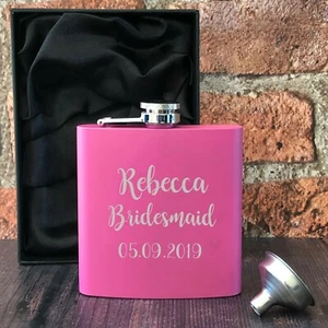 Personalised Engraved 6oz Pink Hip Flask For Hen or Wedding Day Gifts Box Thanks - Foto 1 di 14