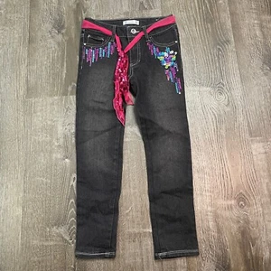 Piper Kids Girls Jegging Jeans Black Adjustable Waist Sequin Belt Skinny Size 7 - Picture 1 of 5