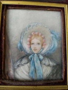 Miniature Portrait Young Woman Hat Antique 19th Century Ormalu Filigree Frame - Picture 1 of 10