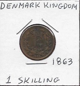 DENMARK 1 SKILLING RIGSMONT 1863 FREDERIK VII,CROWNED MONOGRAM ABOVE OAK - Picture 1 of 2