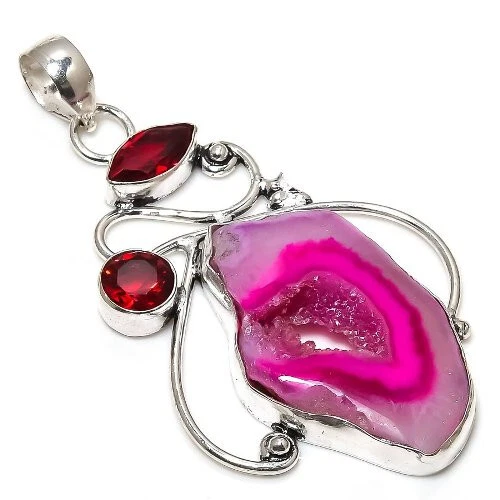 Pink Widow Druzy Quartz Gemstone Silver Plated Pendant Handmade Jewelry 2.5" - Image 1 of 1
