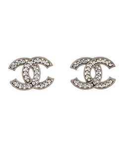 Chanel Silver-tone Crystal Faux Pearl Interlocking CC Stud Earrings Crystal - Picture 1 of 8