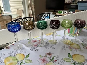 6 cut glass crystal different colored wine goblets handblown 7 3/8 inch nice - Picture 1 of 20
