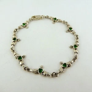 Pulsera de eslabones Claddagh de plata de ley .925 con cristales verdes - Imagen 1 de 4
