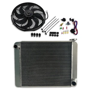 For SBC BBC 2 Rows Aluminum 25" Radiator w/ 16" Wide Blade Cooling Fan & Relay - Imagen 1 de 14