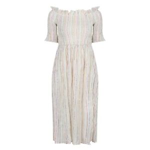 Cotton Beach Summer Dress Striped Beige Cream Off or On Shoulder BNWT Size 14