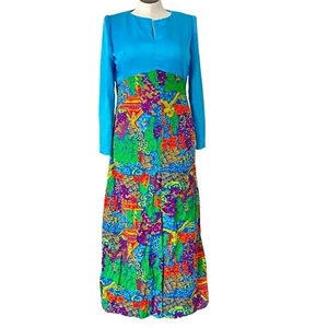 Vintage Maxi Dress Long Sleeve Barkcloth Turquoise Colorful V Neck Sz 14 Stained - Picture 1 of 12