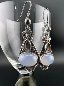 Vintage Sajen Ohrringe Sterlingsilber & blauer Chalzedon * Tropfensteine fehlen - Bild 1 von 5