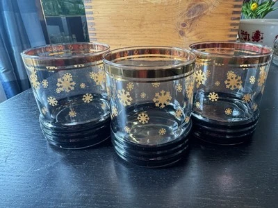 MCM Rocks Antiguo Vidrio de Whisky Dorado Copos de Nieve Borde Fondo Atómico 10oz 3 piezas Foto 1 de 4