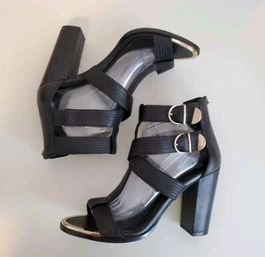 Karl Lagerfeld Laveda Sz 9. 5 Black Leather Gold Buckle & Toe Strappy Heel - Picture 1 of 13