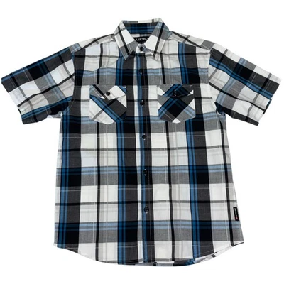 Airwalk Boys Size 10-12 Button Up Short Sleeve Shirt Blue Black Plaid - Image 1 of 4