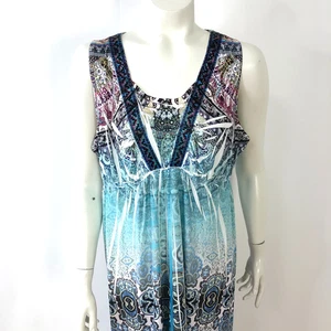 One World Large Midi Below Knee Sleeveless Dress All Over Print Blue - Picture 1 of 13