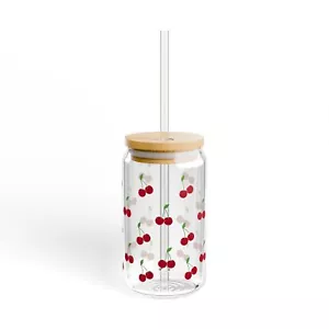 Cherry Themed Iced Coffee Glass Sipper Cup, Red Cherry Glass Can, Cherry Lover - Picture 1 of 5