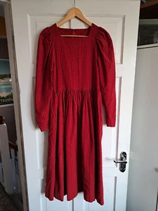 VINTAGE LAURA ASHLEY Red Stripe Corduroy Midi Dress Fits UK 8 Made in GB Cotton - Picture 1 of 8