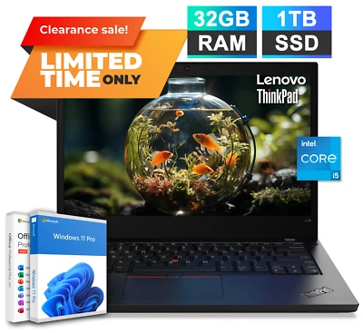 Lenovo ThinkPad L14 Business Laptop 14" Intel i5 32GB RAM 1TB SSD Pro Office2024 - Image 1 of 4