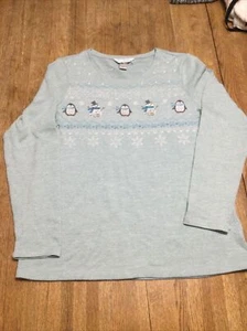 Neu (sonstige) Christopher & Banks grüner Pinguin Schneemann Schneeflocke Pullover Shirt LS M - Bild 1 von 6