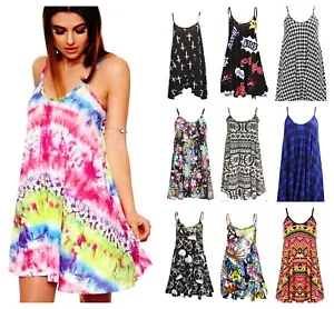 Womens Printed Strappy Cami Swing Sleeveless Ladies Mini Dress Vest Top Summer - Picture 1 of 18