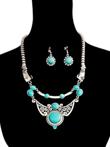 Womens So.Western Necklace & Earring Set~Faux Turquoise/ Silver~Fashion Jewelry  - Picture 1 of 3