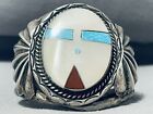 Kachina Head Vintage Navajo Turquoise Inlay Sterling Silver Bracelet Old