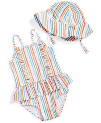 First Impressions 3-6M Baby Girls Striped One Piece Swimsuit and Hat 2 Piece Set - Image 1 of 3
