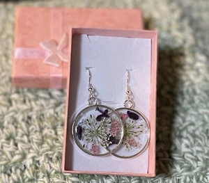 Handmade Pressed Flower Earrings Sterling Silver Ear Wire - Picture 1 of 5