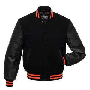 Stewart & Strauss Black Wool & Leather with Orange Varsity Letterman Jacket New - Picture 1 of 6