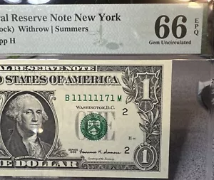1999 $1 Federal Reserve Note PMG 66 EPQ fancy near solid serial number 11111171 - Picture 1 of 5