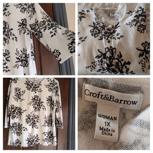 Damen kurze Strickjacke Croft & Barrow Größe 1X weiß Mix Blumenmuster 3/4 Arm Baumwolle - Bild 1 von 20