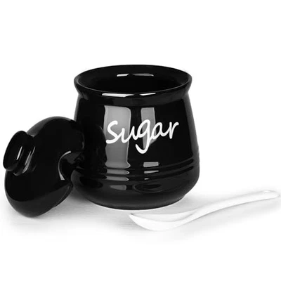  Tigela de açúcar 12 oz com tampa e colher, frasco de açúcar de cerâmica dispensador de açúcar preto - Imagem 1 de 4