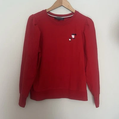 Tommy Hilfiger Women's Red Puffy Shoulder Long Sleeve Sweatshirt Sz Small Logo - Imagem 1 de 4