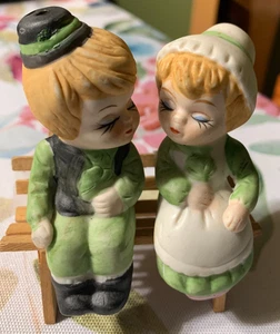 Boy and Girl on Bench Kissing Ceramic Salt and Pepper Shakers - Picture 1 of 6
