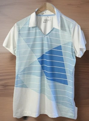 耐克 Dri Fit 女式 Polo 衫 V 领旅游性能条纹高尔夫标志 L — 第 1/4 张图片