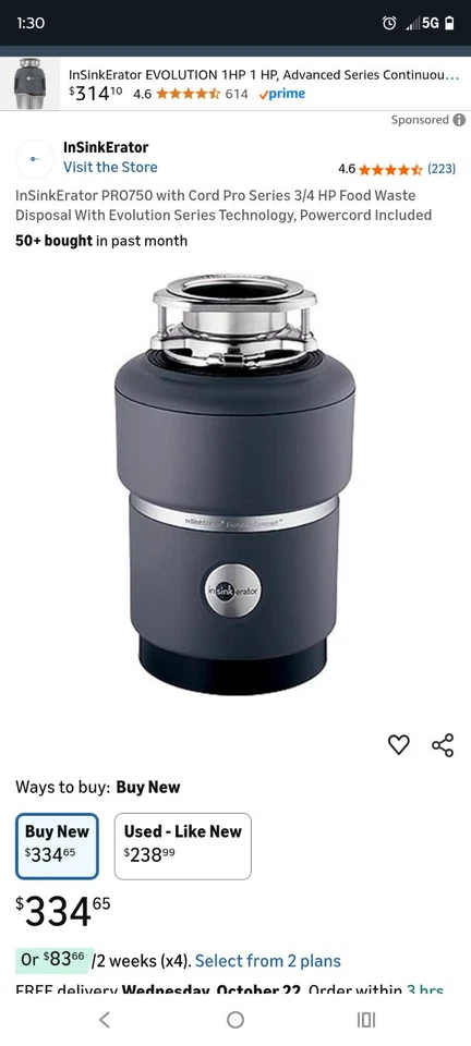 Eliminación continua de residuos de alimentos InSinkErator Pro 750 Evolution 3/4 HP Foto 1 de 1