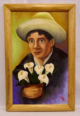 Pintura al óleo original inspirada en Diego Rivera de colección HOMBRE CON FLORES firmada enmarcada Foto 1 de 3