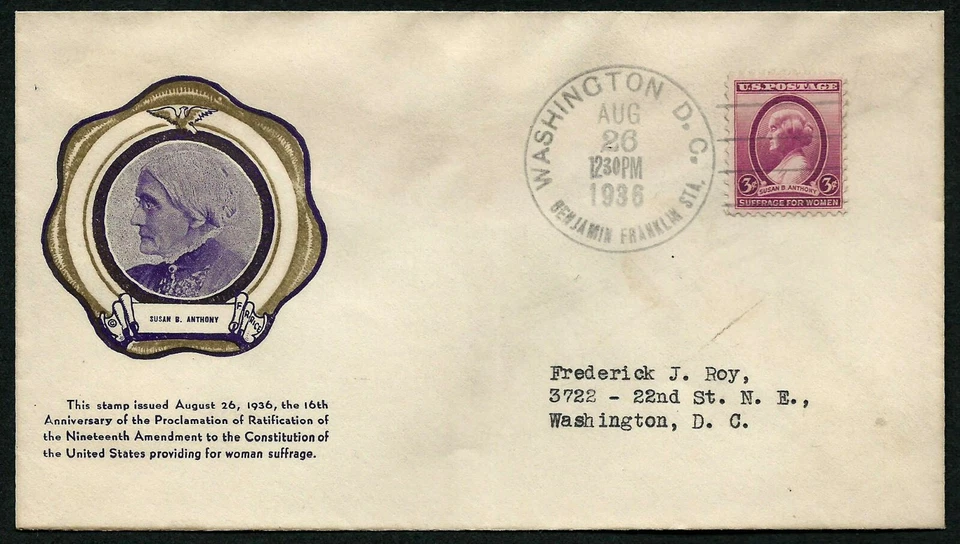 USA, SCOTT # 784, RICE CACHET FDC COVER - SUSAN ANTHONY, YEAR 1936 - Image 1 of 1