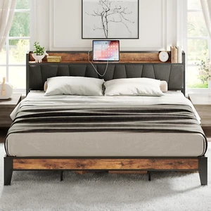 King Size Bed Frame, Storage Headboard with Charging Station, Solid and Stable, - Picture 1 of 12