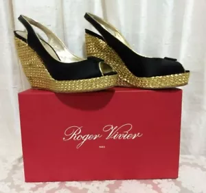 Roger Vivier Black Satin Peep Toe Slingback Wedges Heels Euro 37 US Size 7 - Picture 1 of 12
