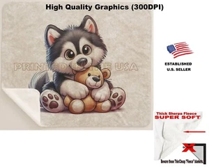 DigiPups Alaskan Malamute Dog Teddy Bear Hug Cartoon Sherpa Fleece Throw Blanket - Picture 1 of 6